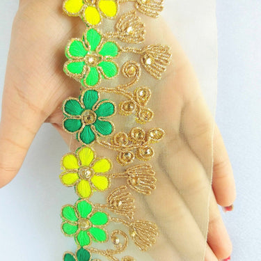 Gold Sheer Tissue Fabric Trim With Embroidered Green & Gold Flowers, Embellished With Beads, Approx. 65 mm Wide - 210119L105